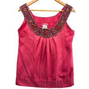 Yoana Baraschi Hot Pink Silk Beaded Jewels Neck Sleeveless Blouse Women Medium